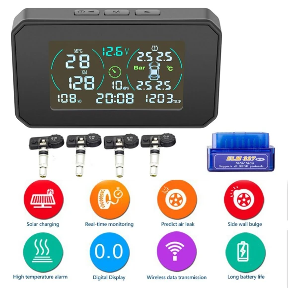 Wireless Car Tire Pressure Monitoring System with OBD2 HUD and Solar USB Charging — TPMS, Automotive parts products