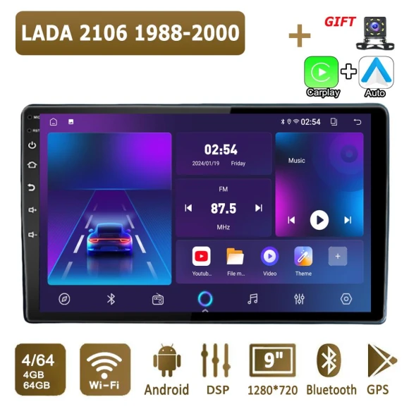 Android CarPlay Car Radio for LADA 2106 1988-2000 Multimedia Player Head Unit Stereo GPS Navigation BT WIFI 4+64GB — Car Infotainment System, icreative