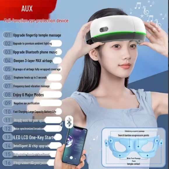 Smart Eye Massager with Heat, Vibration, and Bluetooth — Massage Gun, AUX