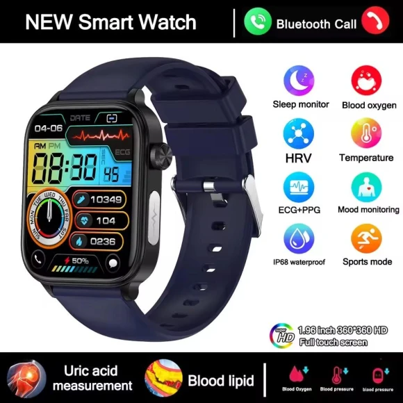 Smart Watch for Men with ECG, PPG, Blood Pressure, SpO2, Bluetooth, Waterproof, Blue, Silicone Strap, iOS Compatible — Smart Watch, Lucky Start