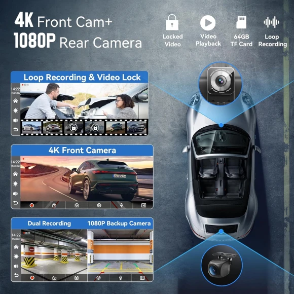 Wireless CarPlay Screen with 4K Dash Cam and 1080P Backup Camera — Car Infotainment System, Kings City