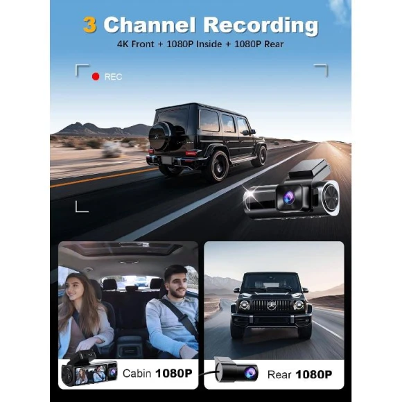 4K 3 Channel Dash Cam Front and Rear Inside, Built-in 5.8GHz WiFi GPS, 64GB Card Included, 4K+1080P+1080P Dash Camera... — Dash Cam, Nanoby