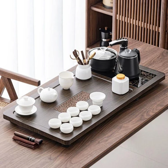 Ceramic Tea Set with Auto-Heating Kettle and Wooden Tray — Electric Kettle, Jiakangming