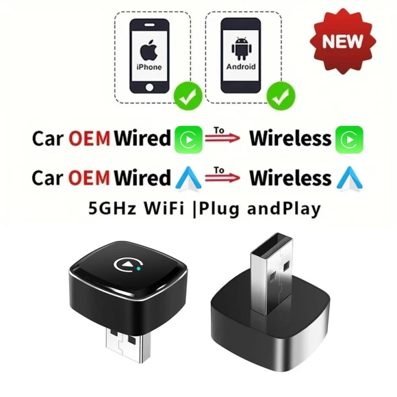 Mini Wireless Adapter for CarPlay and Android Auto — Car Infotainment System, Auto Accessories Home