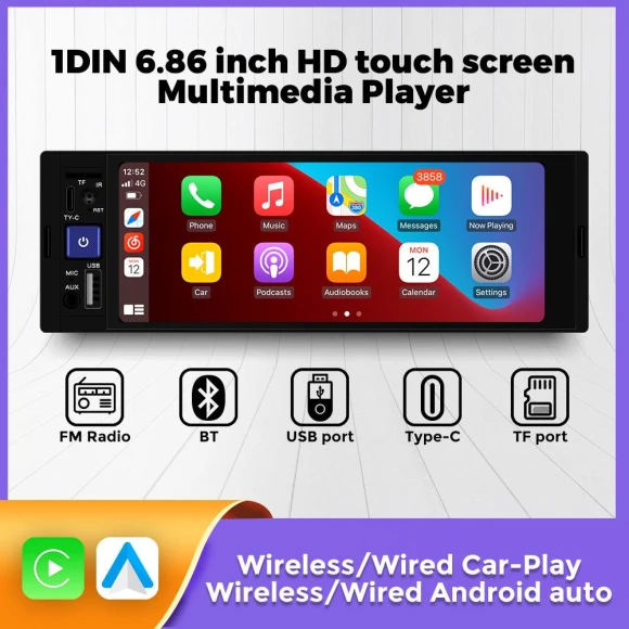 6.86 Inch 1DIN Car Multimedia Player with Wireless CarPlay and Android Auto — Car Infotainment System, Starting from scratch