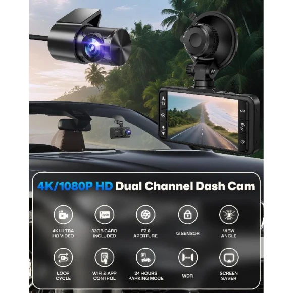 Front and Rear Dash Cam with 4K/1080P Full HD, Built-in WiFi, Dual Camera, 3.94 Inch IPS Screen, G-Sensor, Loop... — Dash Cam, 2zSF