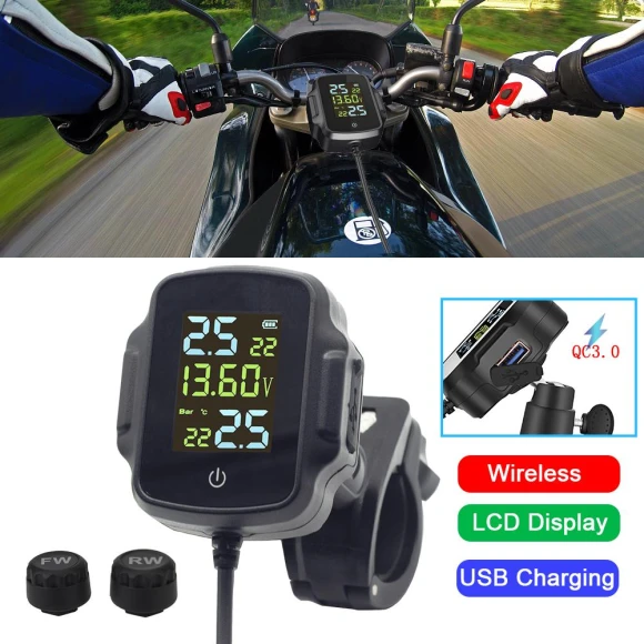 Motorcycle Tire Pressure and Temperature Monitoring System with USB Charger — TPMS, Timeless Home