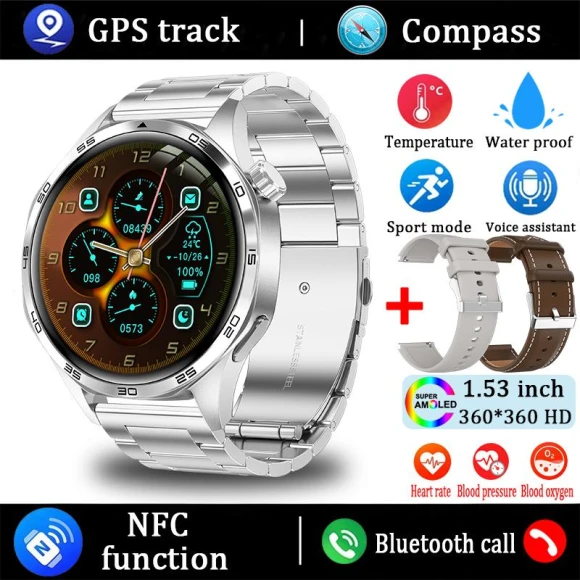 Smart Watch with AMOLED HD Screen, Bluetooth Call, GPS, NFC, Heart Rate Compass, Steel Belt, Silver Color — Smart Watch, QLY Online