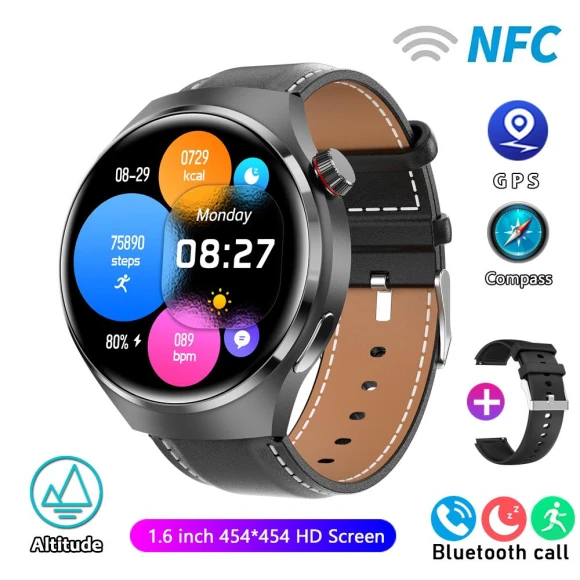 Smartwatch with GPS, NFC, AMOLED Display, Heart Rate Monitor, Bluetooth Calling, IP68 Waterproof, Leather Strap — Smart Watch, QLY Online