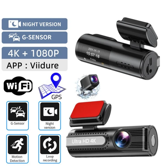 4K HD Dual Lens Dash Cam with Night Vision, WiFi, GPS, Includes 64GB Memory Card — Dash Cam, Global Beauty