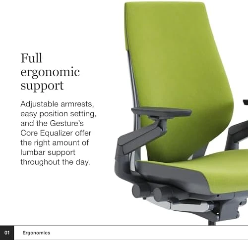 Office Chair with Wheels for Carpet, 360-Degree Arms, Wasabi Green Fabric — Smart Chairs, Steelcase