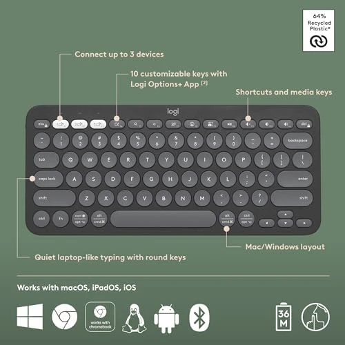 Multi-Device Bluetooth Wireless Keyboard with Customizable Shortcuts — Bluetooth Keyboard, Logitech