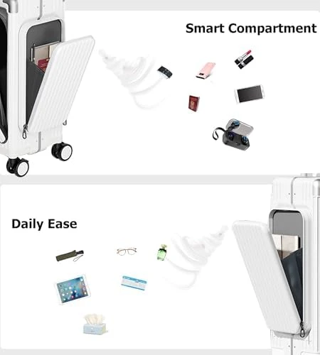 Aluminum Frame PC Carry On Luggage with Tri-Zone Access, Hard Shell, Brake Wheels, Cup Holder, Phone Holder, TSA... — Smart Luggage, feilario