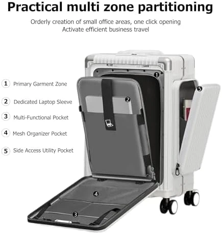 Aluminum Frame PC Carry On Luggage with Tri-Zone Access, Hard Shell, Brake Wheels, Cup Holder, and Phone Holder — Smart Luggage, feilario