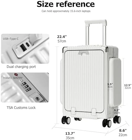 Aluminum Frame PC Carry On Luggage with Tri-Zone Access, Hard Shell, Brake Wheels, Cup Holder, and Phone Holder — Smart Luggage, feilario