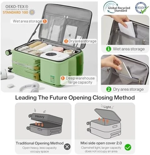 Carry On Luggage with Cup Phone Holder and Charger Hard Shell Suitcases with Spinner Wheels — Smart Luggage, mixi