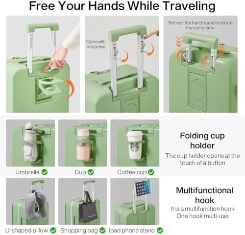 Carry On Luggage with Cup Phone Holder and Charger Hard Shell Suitcases with Spinner Wheels — Smart Luggage, mixi