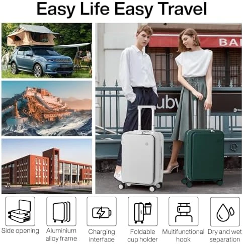 Carry On Luggage with Cup Phone Holder and Charger Hard Shell Suitcases with Spinner Wheels — Smart Luggage, mixi