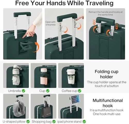 Carry On Luggage with Cup Phone Holder and Charger Hard Shell Suitcases with Spinner Wheels — Smart Luggage, mixi