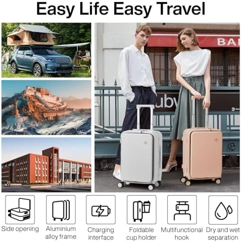 Carry On Luggage with Cup Phone Holder and Charger Hard Shell Suitcase with Spinner Wheels — Smart Luggage, mixi