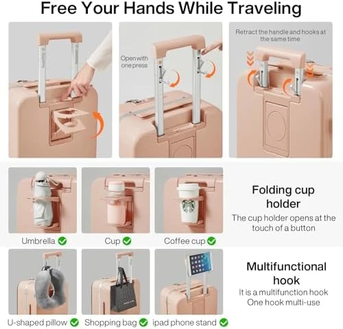 Carry On Luggage with Cup Phone Holder and Charger Hard Shell Suitcase with Spinner Wheels — Smart Luggage, mixi