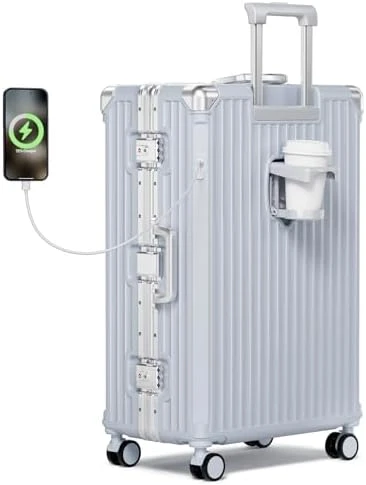No Zipper Carry On Luggage with Wheels, Cup Holder, and Charger — Smart Luggage, Krute