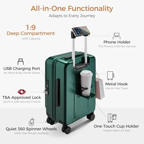 Top Opening Carry-On Luggage with Cup Holder, Phone Holder, USB Port, Expandable Hard Shell — Smart Luggage, CASELLY