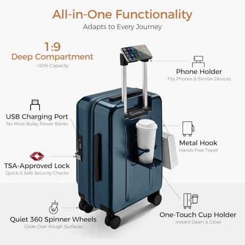 Top Opening Expandable Hard Shell Suitcase with Cup Holder, Phone Holder, and USB Charging Port — Smart Luggage, CASELLY