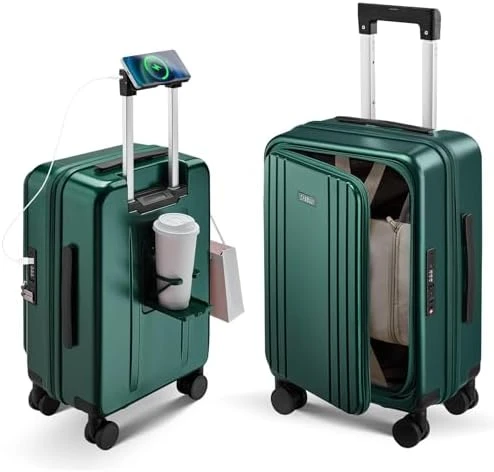 Top Opening Expandable Hard Shell Suitcase with Cup Holder, Phone Holder, and USB Charging Port — Smart Luggage, CASELLY