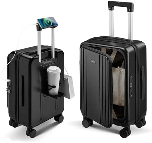 Top Opening Expandable Hard Shell Suitcase with Cup Holder, Phone Holder, and USB Charging Port — Smart Luggage, CASELLY