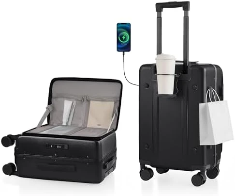 Carry On Luggage with Aluminum Frame, Cup Holder, USB Charging, and 360° Spinner Wheels — Smart Luggage, ISLAND ELEPHANT