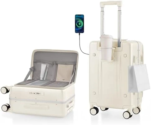 Carry On Luggage with Aluminum Frame, Cup Holder, USB Charging, and 360° Spinner Wheels — Smart Luggage, ISLAND ELEPHANT