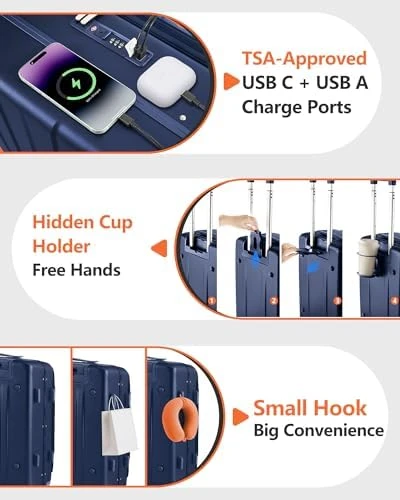 Carry On Luggage with Cup Holder, USB Charge, and Spinner Wheels — Smart Luggage, ISLAND ELEPHANT