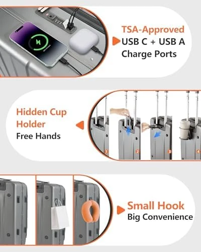Carry On Luggage with Cup Holder, USB Charge, Side Pothook, 360° Spinner Wheels, TSA Lock — Smart Luggage, ISLAND ELEPHANT