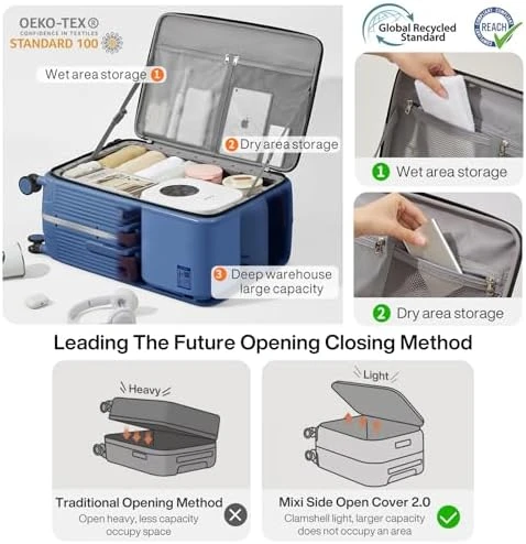 Carry On Luggage with Cup Phone Holder and Charger Hard Shell Suitcases with Spinner Wheels — Smart Luggage, mixi