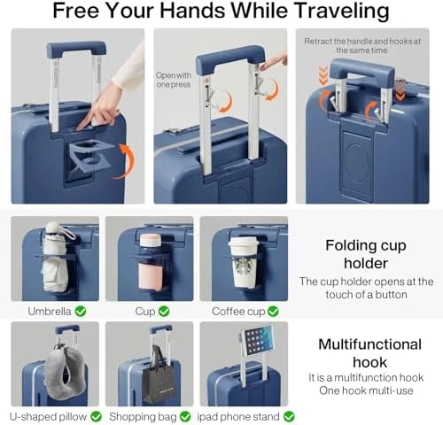 Carry On Luggage with Cup Phone Holder and Charger Hard Shell Suitcases with Spinner Wheels — Smart Luggage, mixi