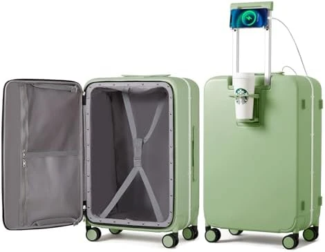Carry On Luggage with Cup Phone Holder and Charger Hard Shell Suitcases with Spinner Wheels — Smart Luggage, mixi