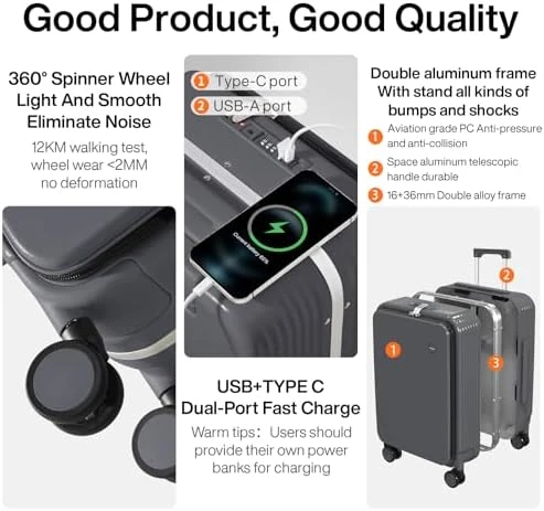 Checked Luggage with Cup Phone Holder and Charger Hard Shell Suitcase — Smart Luggage, mixi