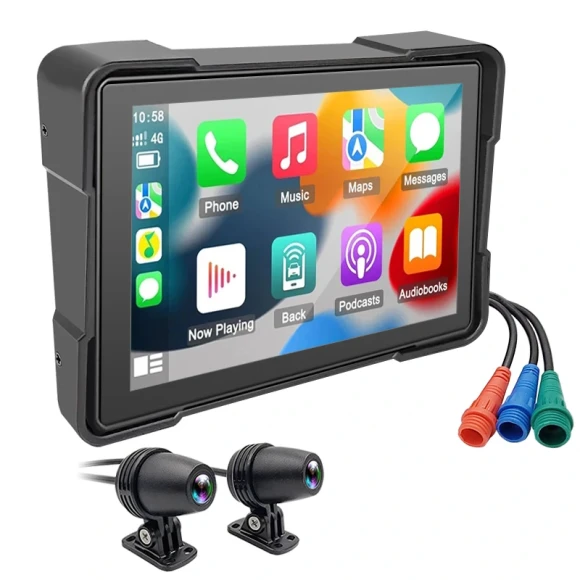 Motorcycle Touchscreen Wireless CarPlay Player with DVR and Front/Rear Cameras — Dash Cam