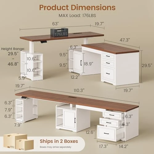 Farmhouse L Shaped Electric Standing Desk with Drawers and Shelves — Standing Desk, SEDETA