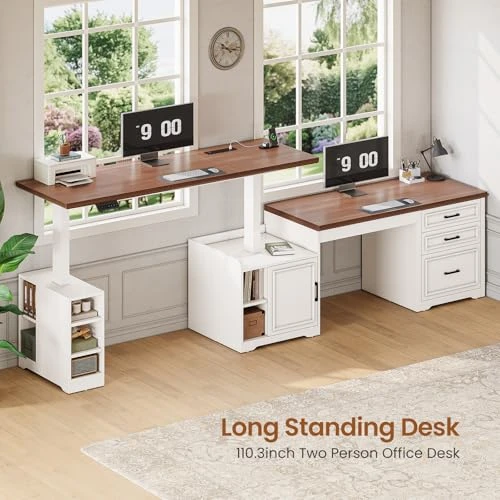 Farmhouse L Shaped Electric Standing Desk with Drawers and Shelves — Standing Desk, SEDETA