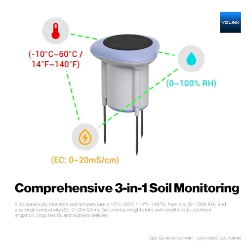 Smart Solar Soil Detector with LoRa, Real-Time Alerts & 3-in-1 Monitor — Soil Moisture Sensor, YoLink