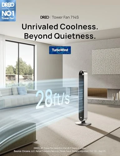 Tower Fan for Bedroom, 42 Inch 120° Oscillating Fan, 20dB Quiet DC Motor, 28ft/s Velocity Bladeless Standing Fan with 12... — Smart Fan, Dreo