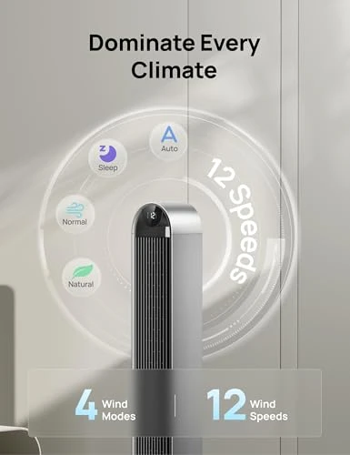 Tower Fan for Bedroom, 42 Inch 120° Oscillating Fan, 20dB Quiet DC Motor, 28ft/s Velocity Bladeless Standing Fan with 12... — Smart Fan, Dreo