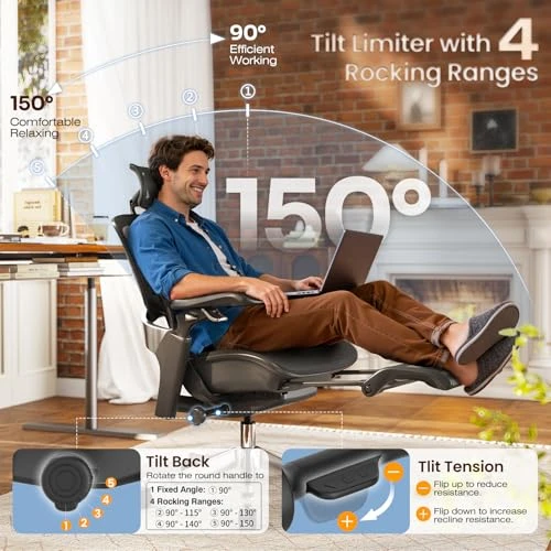 Ergonomic Office Chair with Sync Lumbar Support, Sliding Seat, 4D Arm, 150° Recline, Adjustable Back, Footrest, Aluminum... — Smart Chairs, GABRYLLY