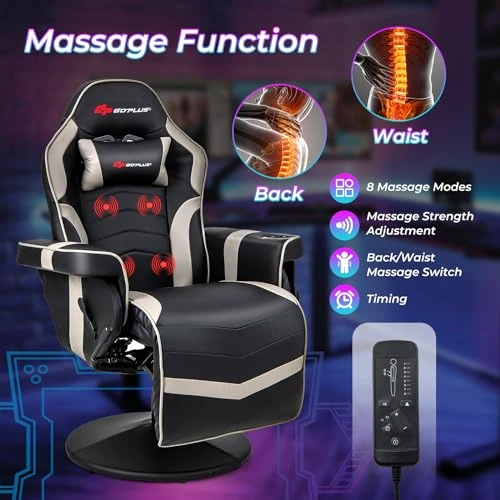 Gaming Chair with Massage, Reclining Backrest, and Retractable Footrest — Smart Chairs, Goplus