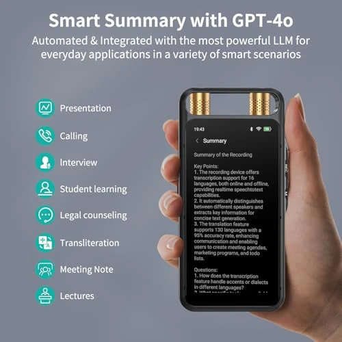 Voice Recorder with AI Transcription, Playback, and Translation — Translator Device, Rpbznr