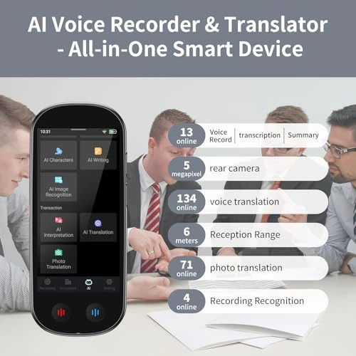Voice Recorder with Playback, 80GB Memory, Real-Time Transcription and AI Summary — Translator Device, Mipeggy