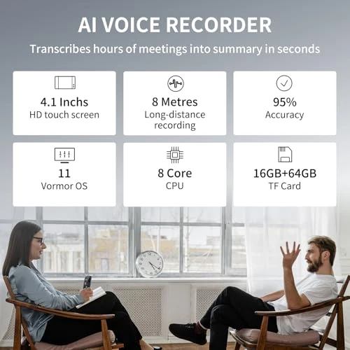 Voice Recorder with Playback, 80GB Memory, Real-Time Transcription and AI Summary — Translator Device, Mipeggy