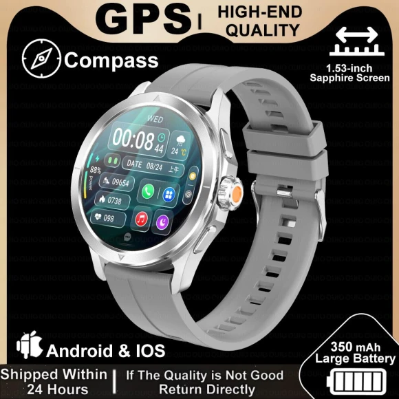 Smart Watch for Men with Outdoor Sports, NFC, GPS, Heart Rate Tracker, Waterproof Bluetooth Calling, Silver — Smart Watch, Zodvboz